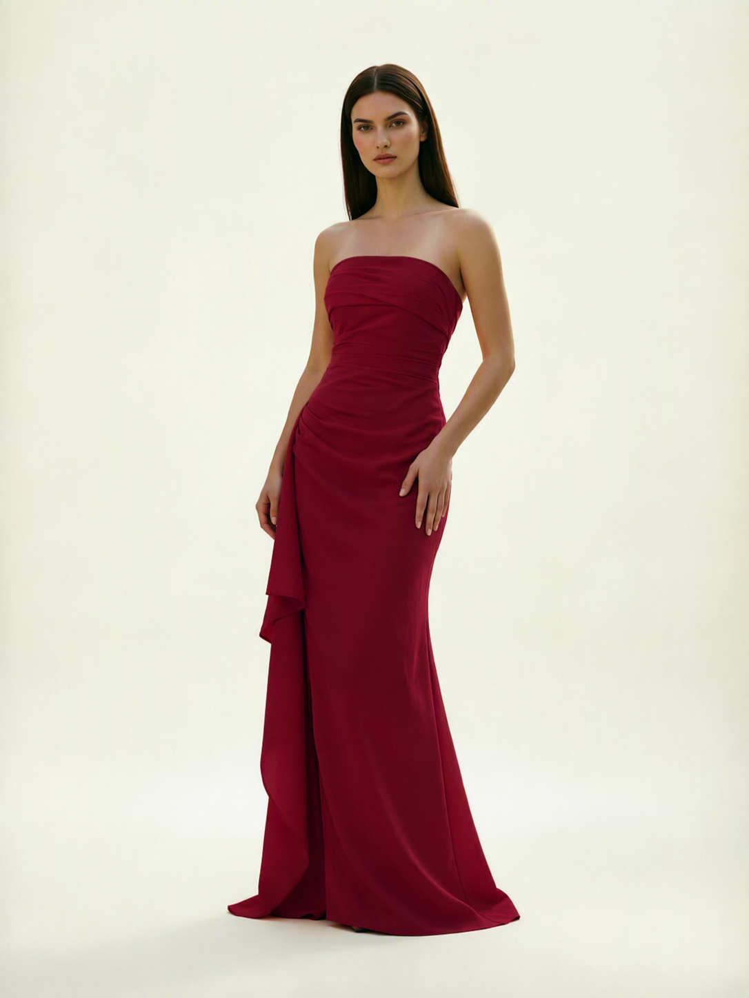Strapless Mermaid Formal Gown with Side Slit & Draped Detail
