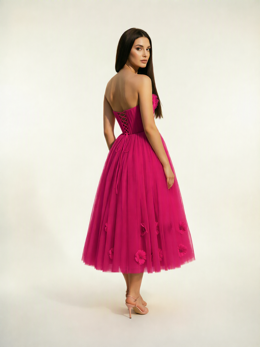 Strapless Tulle Midi Dress with 3D Floral Appliqués, Lace-Up Corset Back