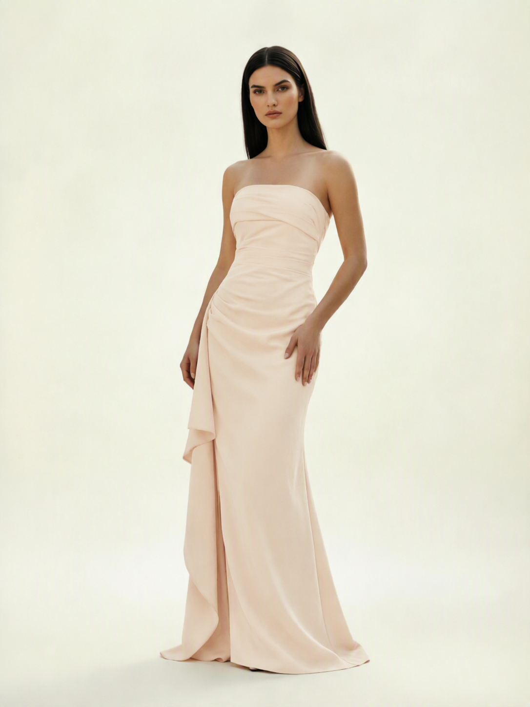 Strapless Mermaid Formal Gown with Side Slit & Draped Detail