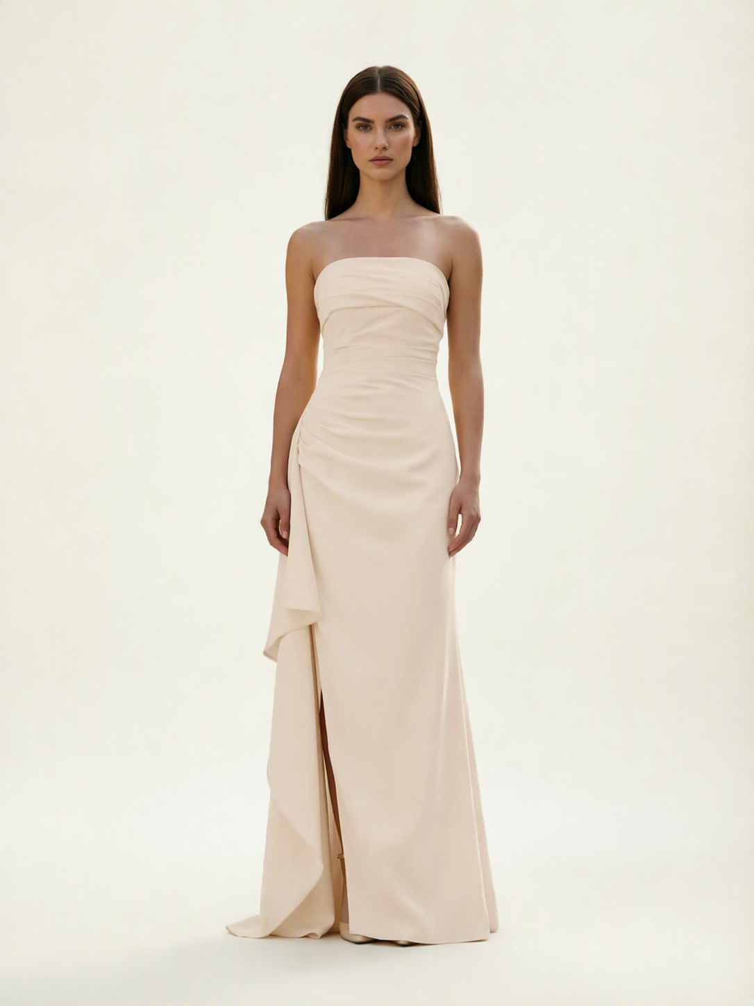 Strapless Mermaid Formal Gown with Side Slit & Draped Detail