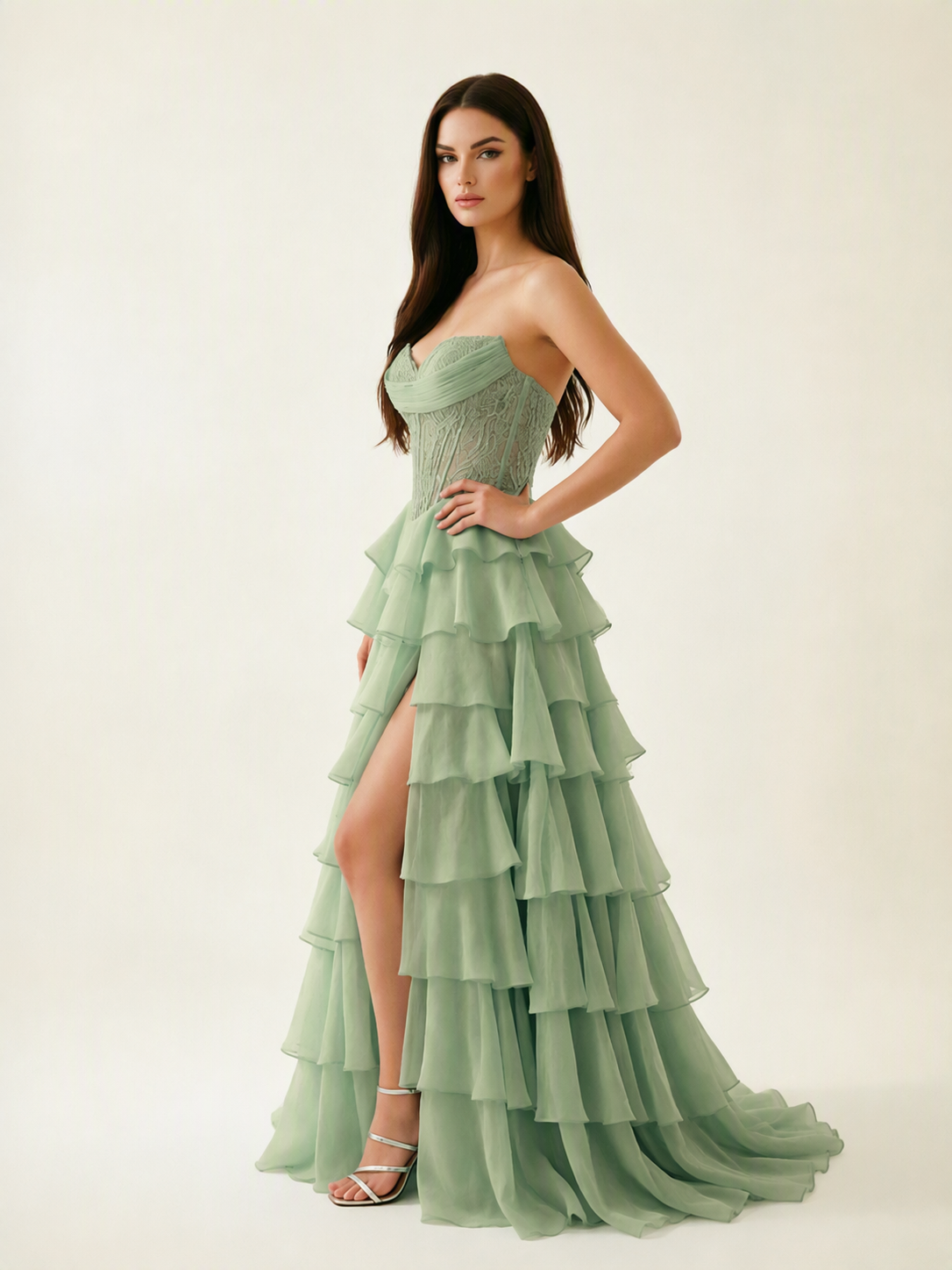 Strapless Lace Corset Tiered High Slit Prom Dress