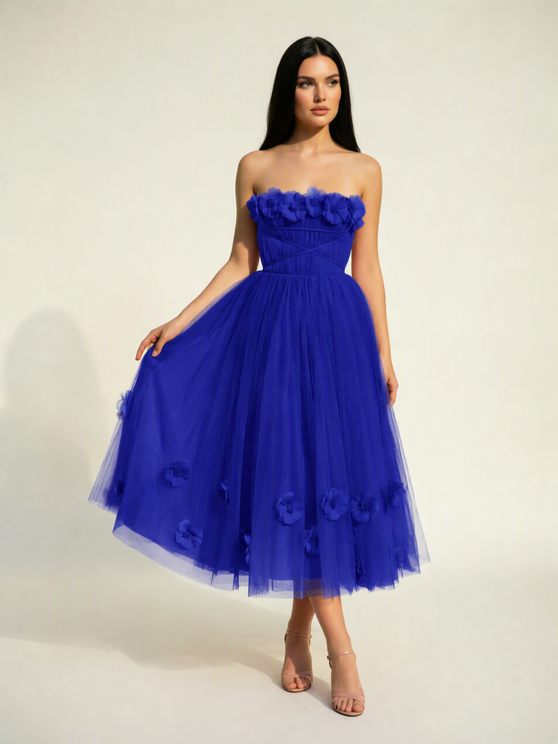 Strapless Tulle Midi Dress with 3D Floral Appliqués, Lace-Up Corset Back