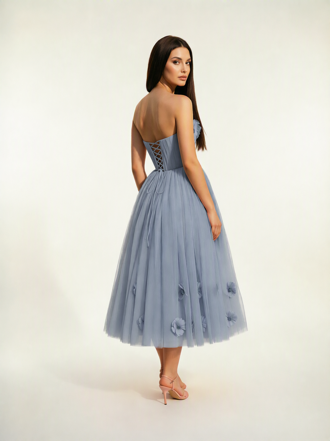 Strapless Tulle Midi Dress with 3D Floral Appliqués, Lace-Up Corset Back