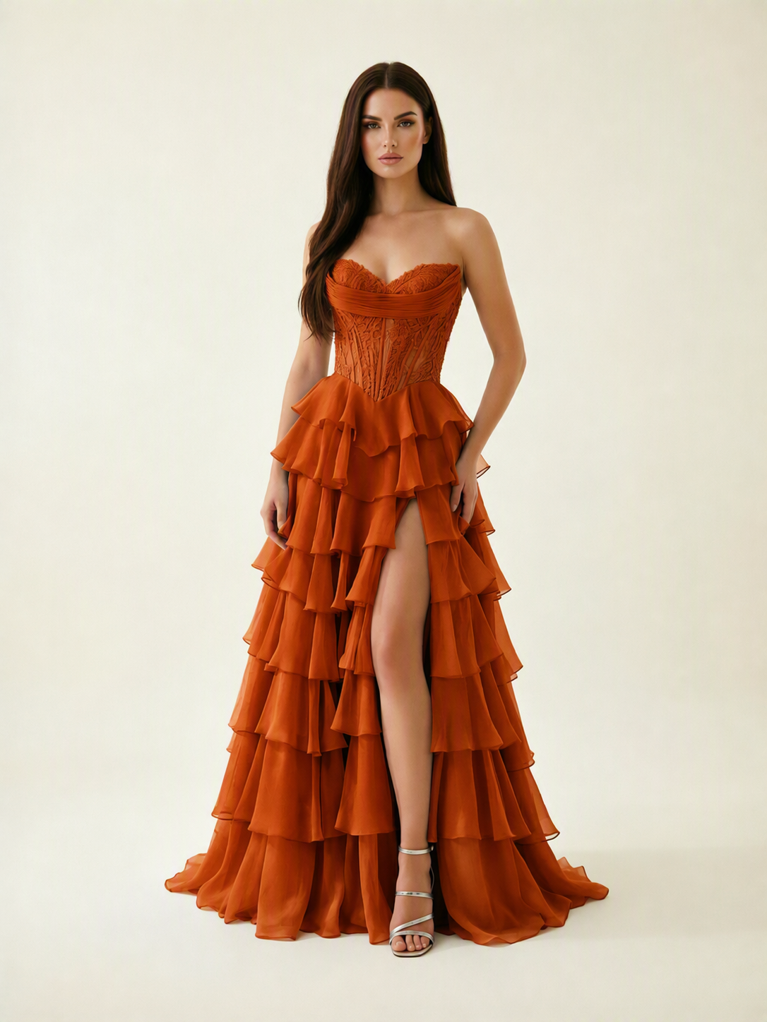 Strapless Lace Corset Tiered High Slit Prom Dress