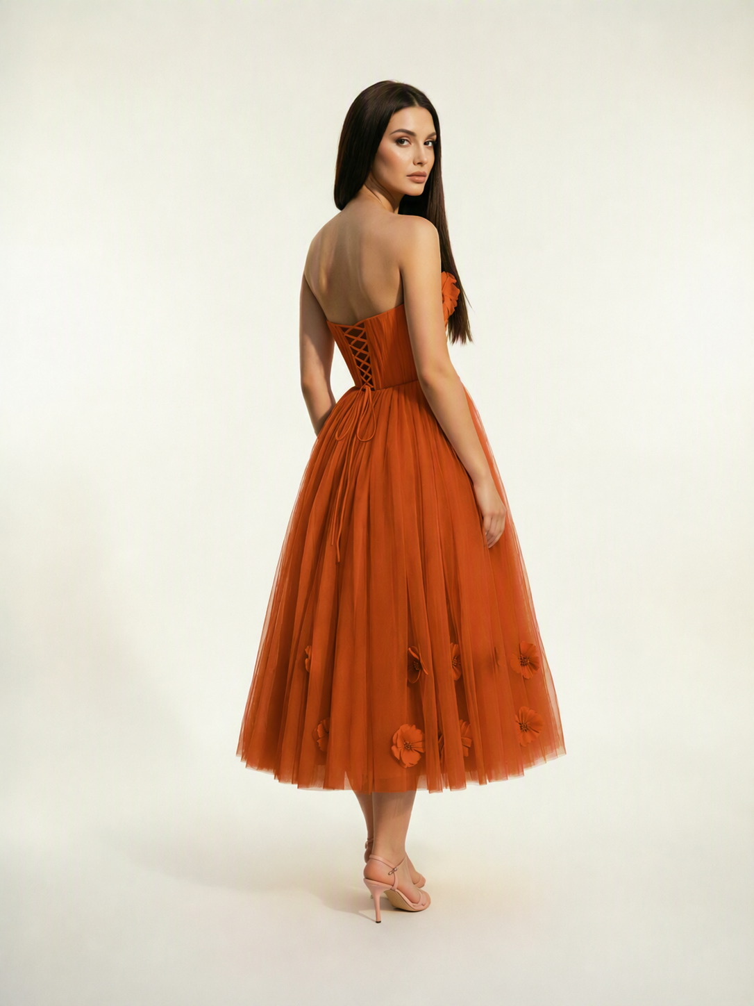 Strapless Tulle Midi Dress with 3D Floral Appliqués, Lace-Up Corset Back