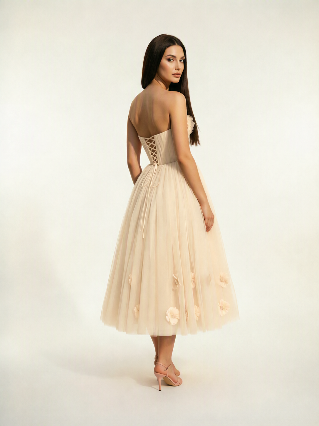 Strapless Tulle Midi Dress with 3D Floral Appliqués, Lace-Up Corset Back