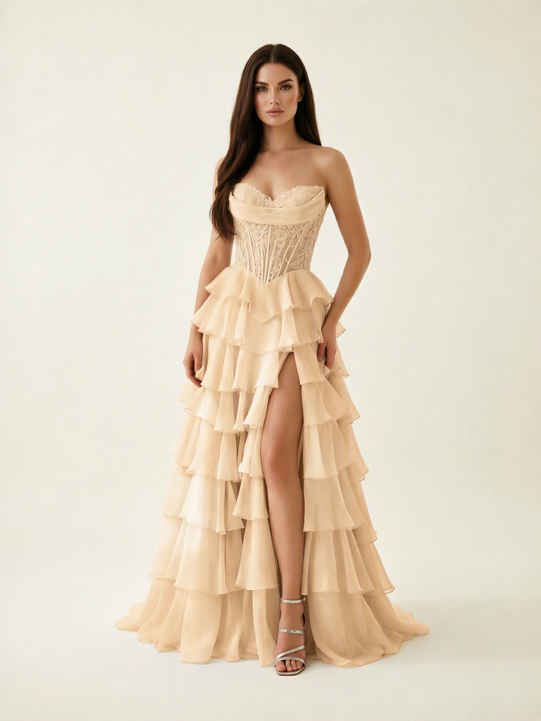 Strapless Lace Corset Tiered High Slit Prom Dress