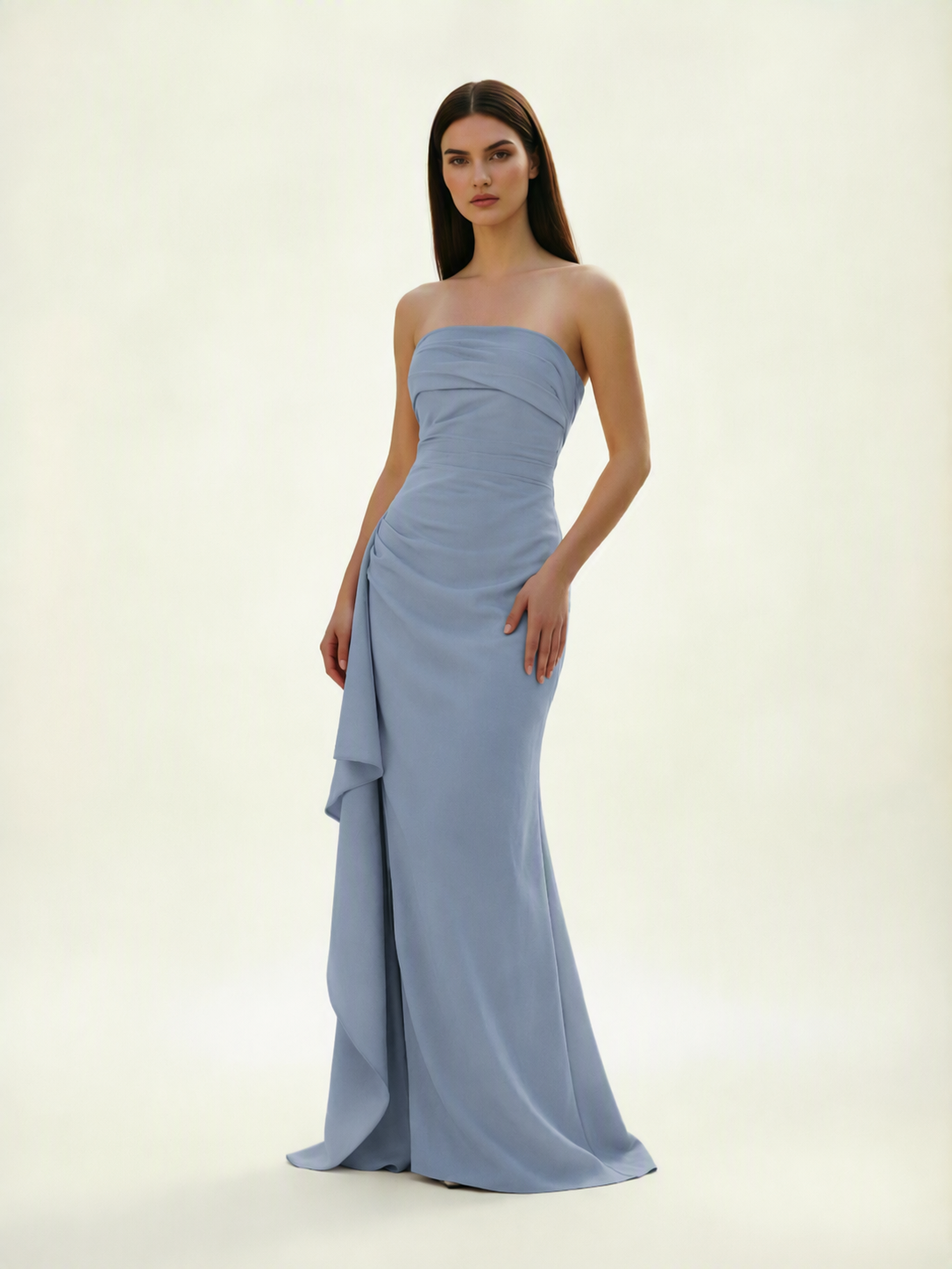 Strapless Mermaid Formal Gown with Side Slit & Draped Detail