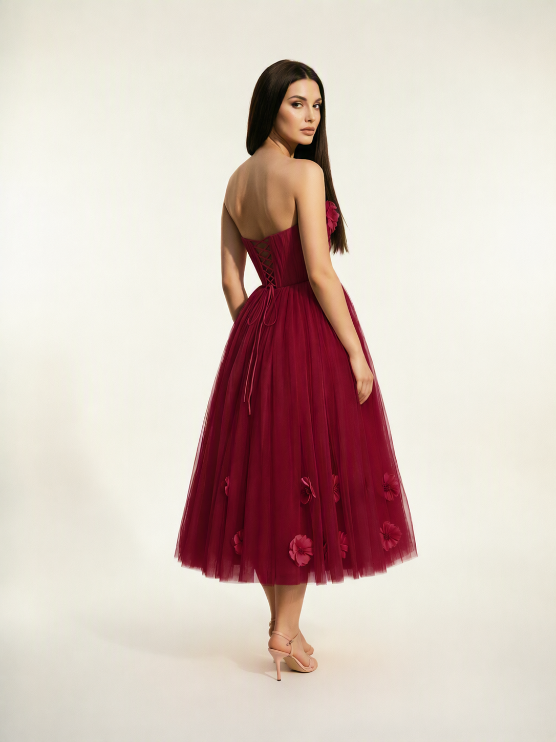 Strapless Tulle Midi Dress with 3D Floral Appliqués, Lace-Up Corset Back