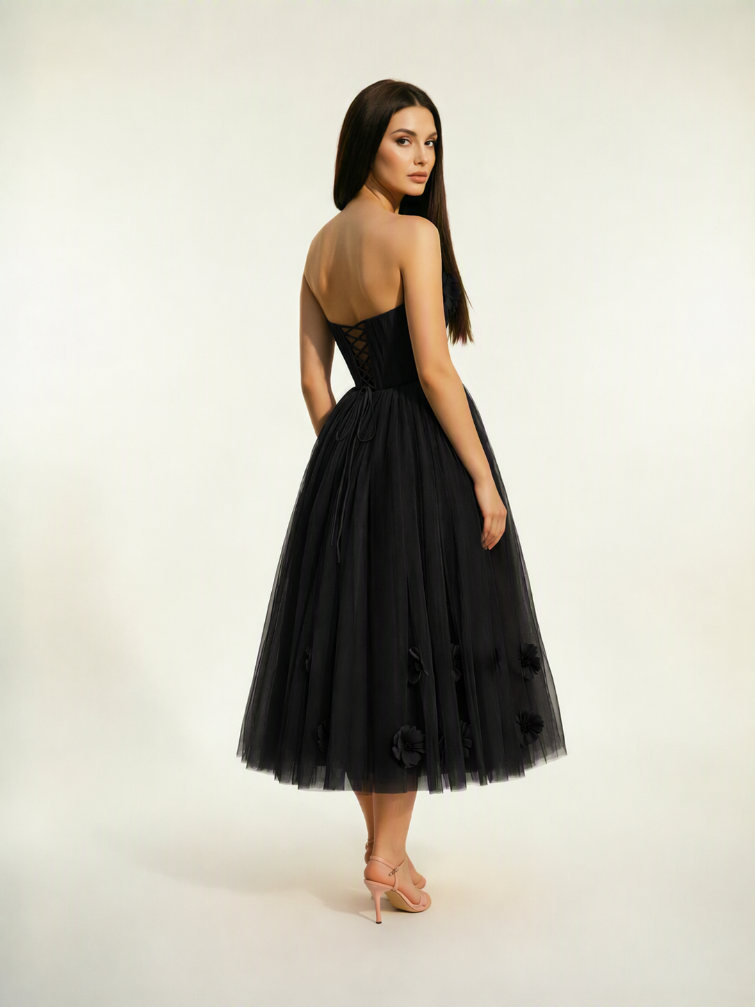 Strapless Tulle Midi Dress with 3D Floral Appliqués, Lace-Up Corset Back