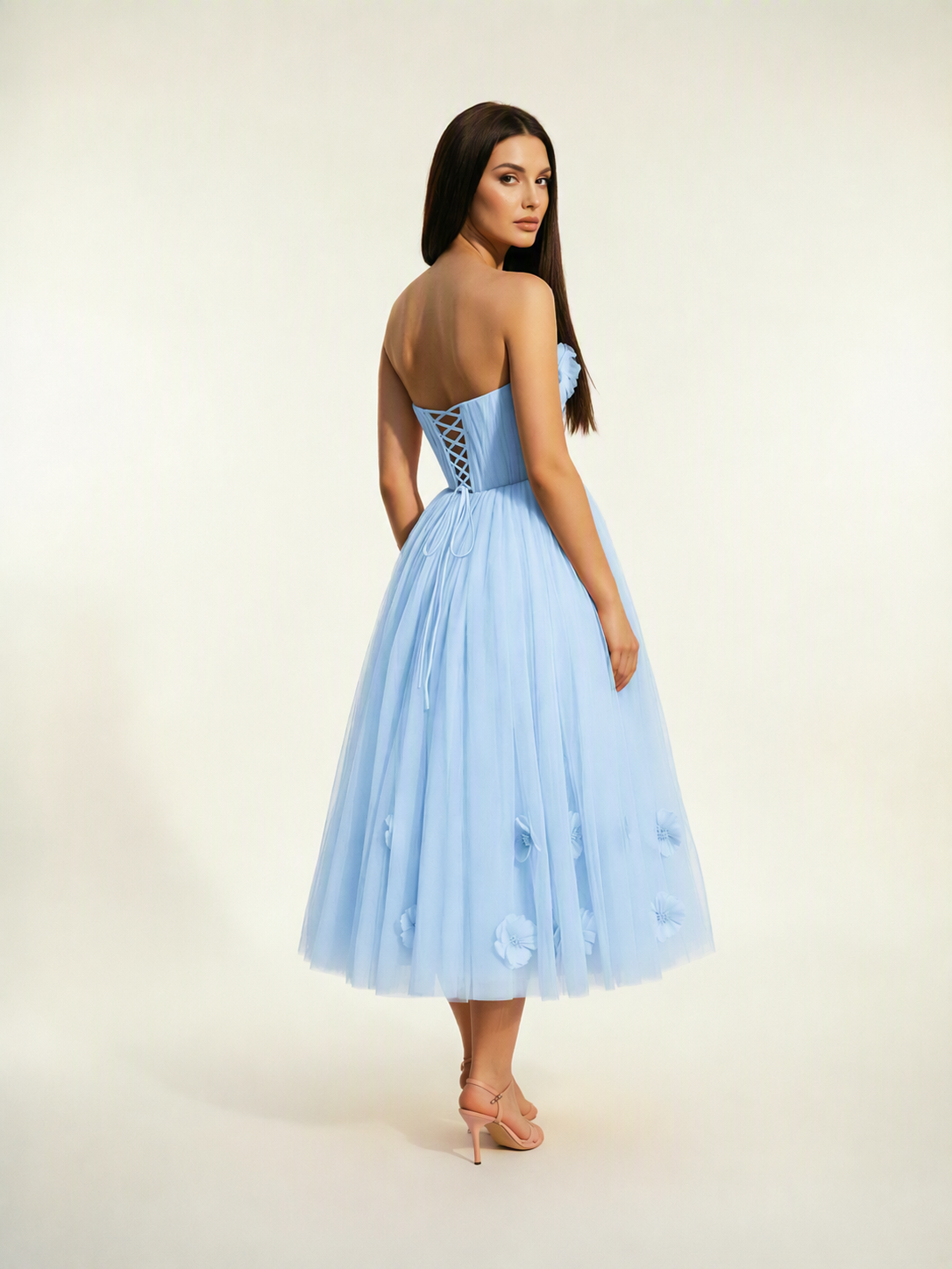 Strapless Tulle Midi Dress with 3D Floral Appliqués, Lace-Up Corset Back