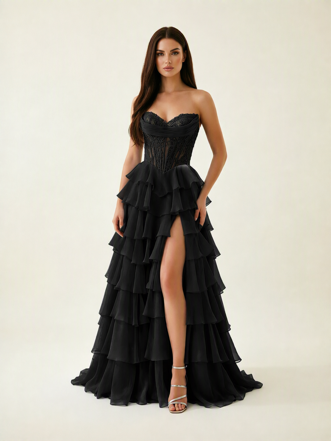 Strapless Lace Corset Tiered High Slit Prom Dress