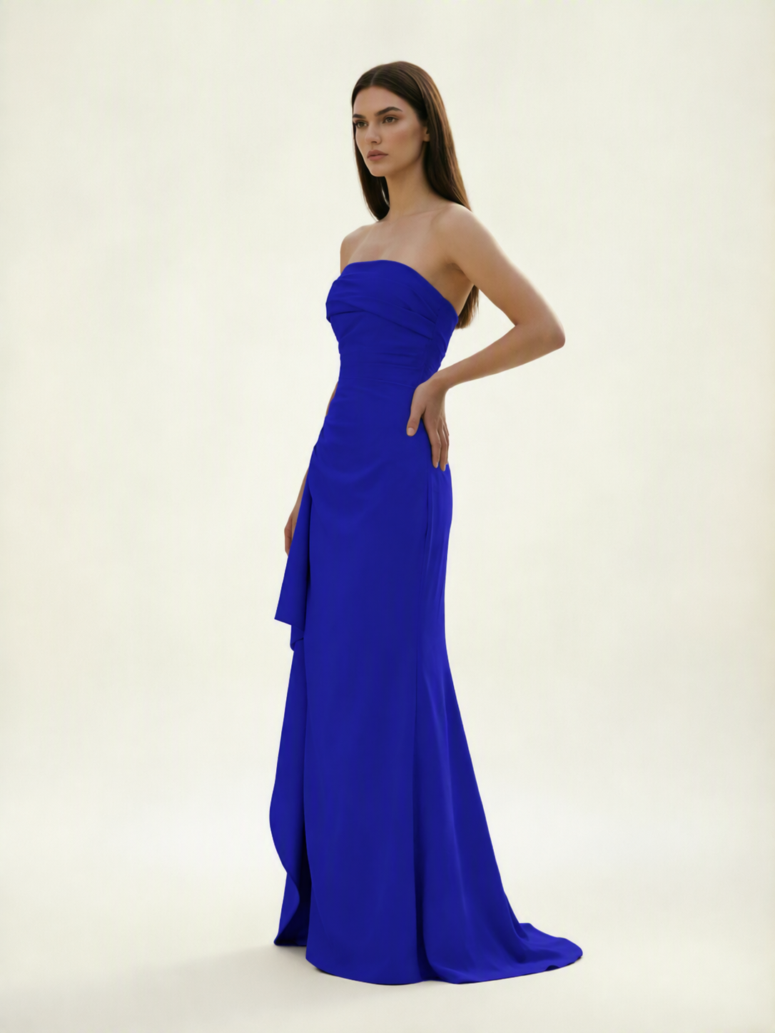 Strapless Mermaid Formal Gown with Side Slit & Draped Detail