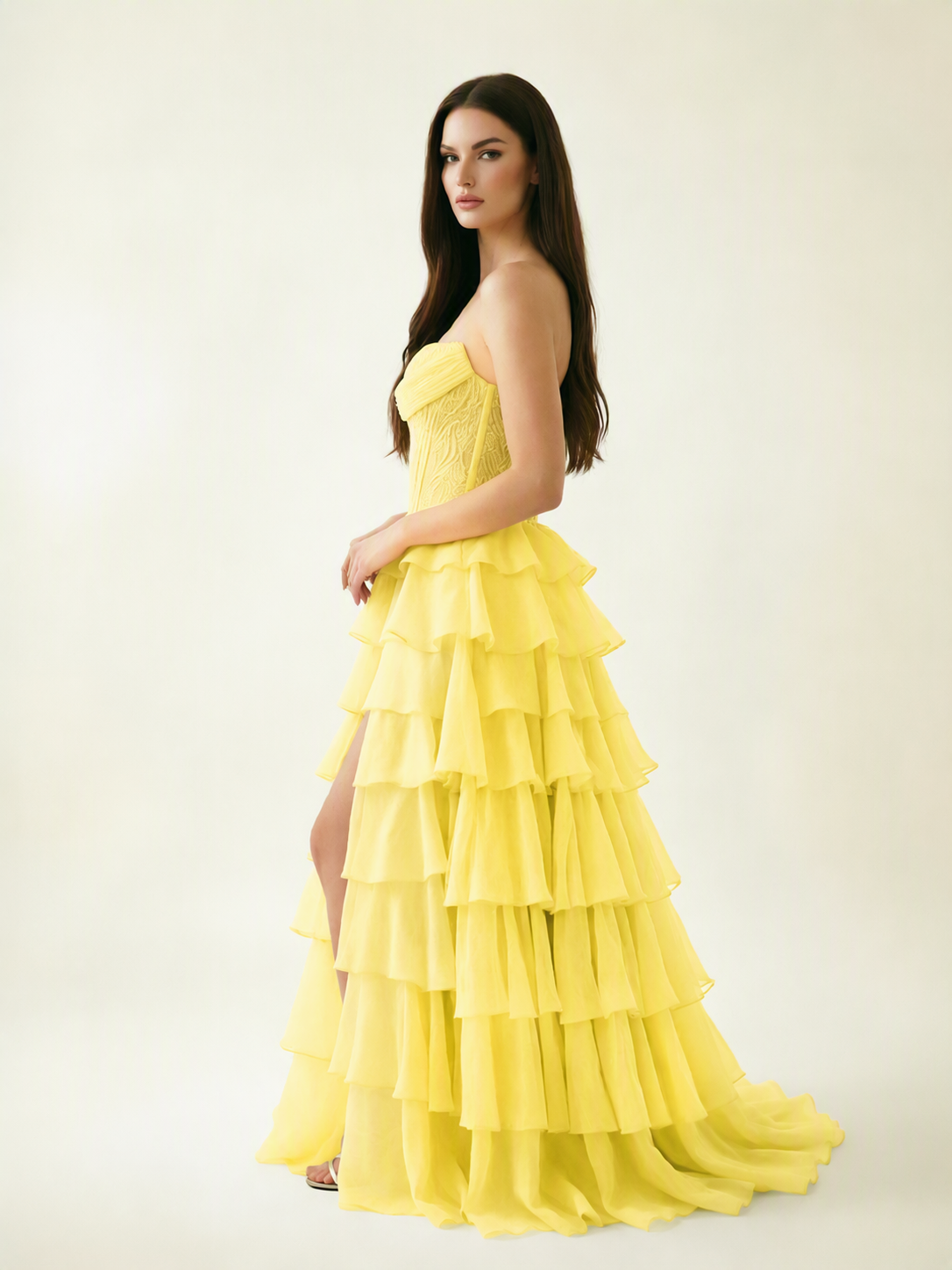 Strapless Lace Corset Tiered High Slit Prom Dress