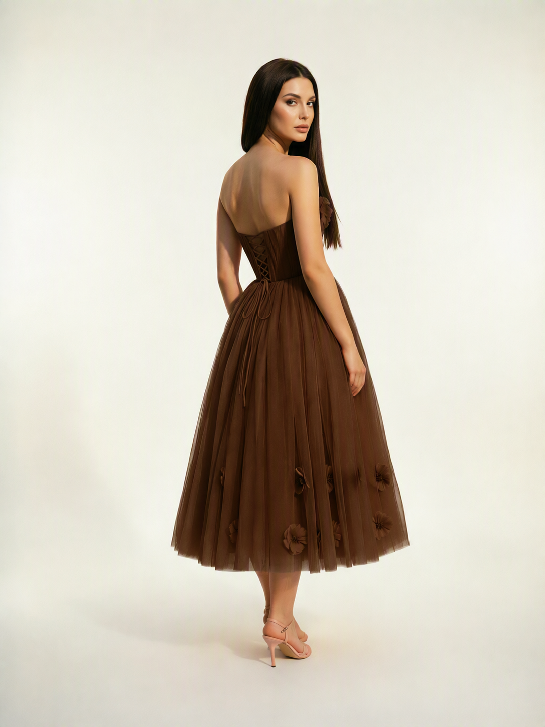 Strapless Tulle Midi Dress with 3D Floral Appliqués, Lace-Up Corset Back