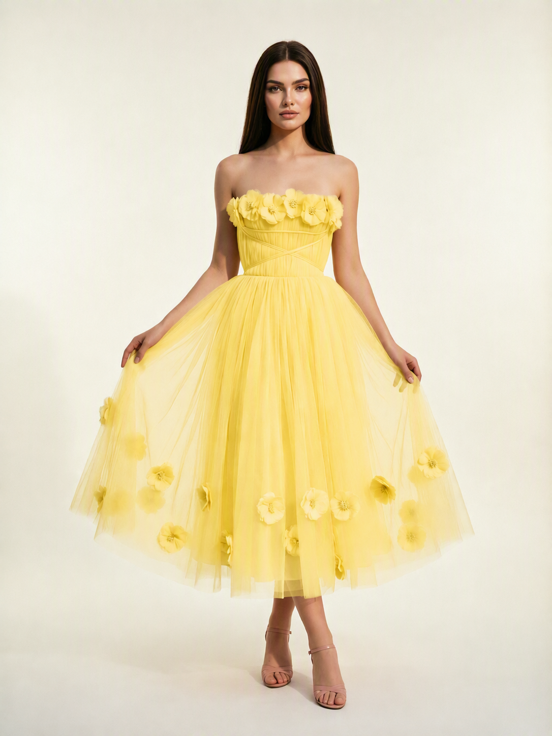Strapless Tulle Midi Dress with 3D Floral Appliqués, Lace-Up Corset Back