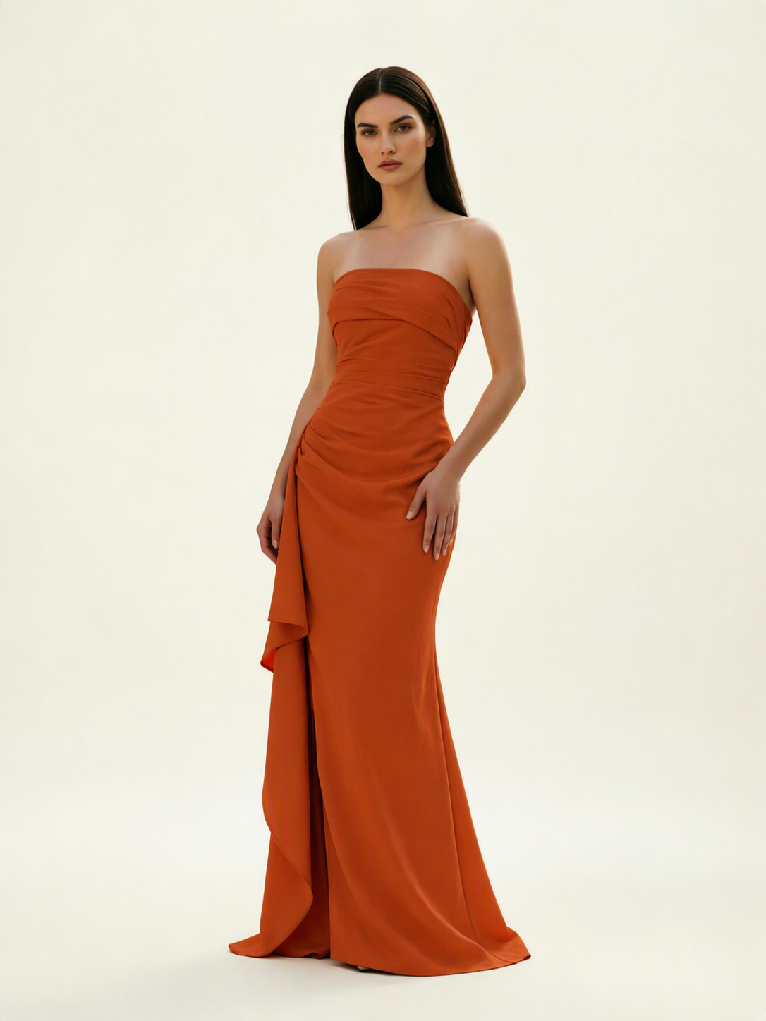 Strapless Mermaid Formal Gown with Side Slit & Draped Detail