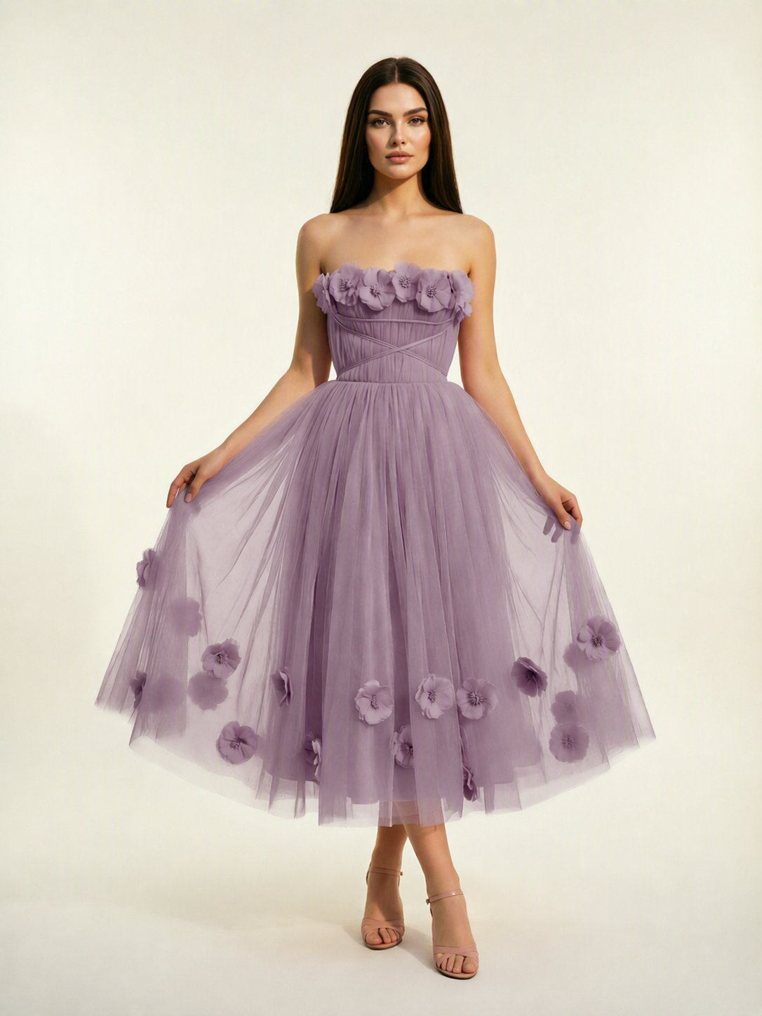Strapless Tulle Midi Dress with 3D Floral Appliqués, Lace-Up Corset Back