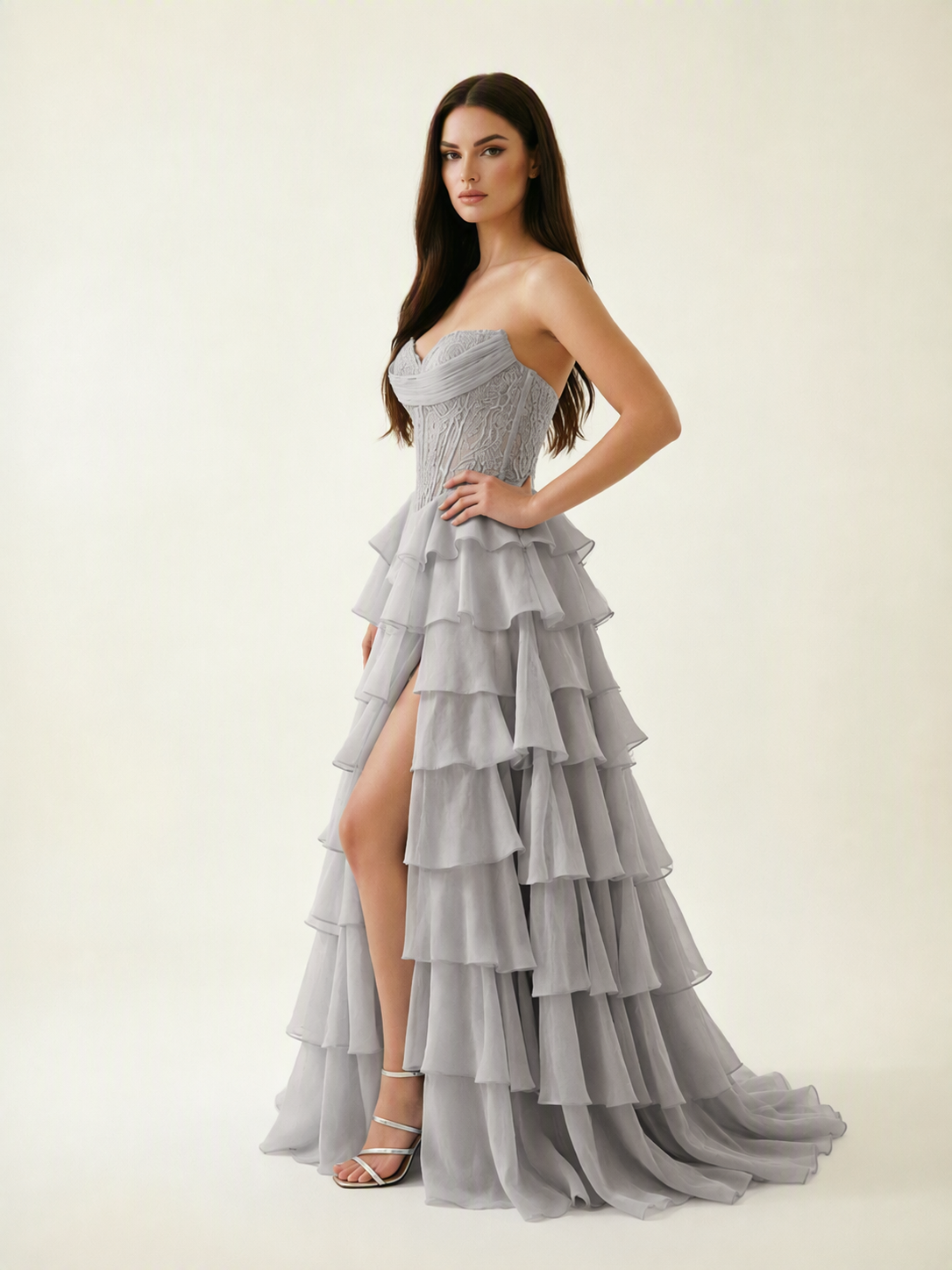 Strapless Lace Corset Tiered High Slit Prom Dress