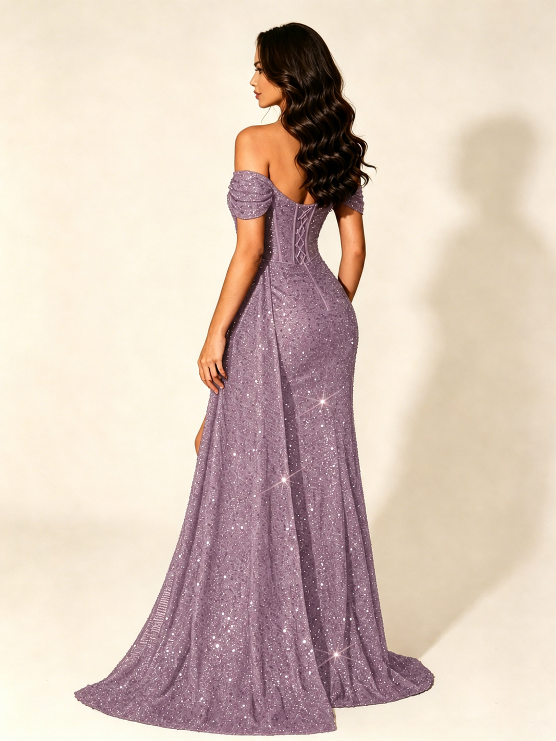 Off Shoulder Sequin High Slit Formal Dress with Train