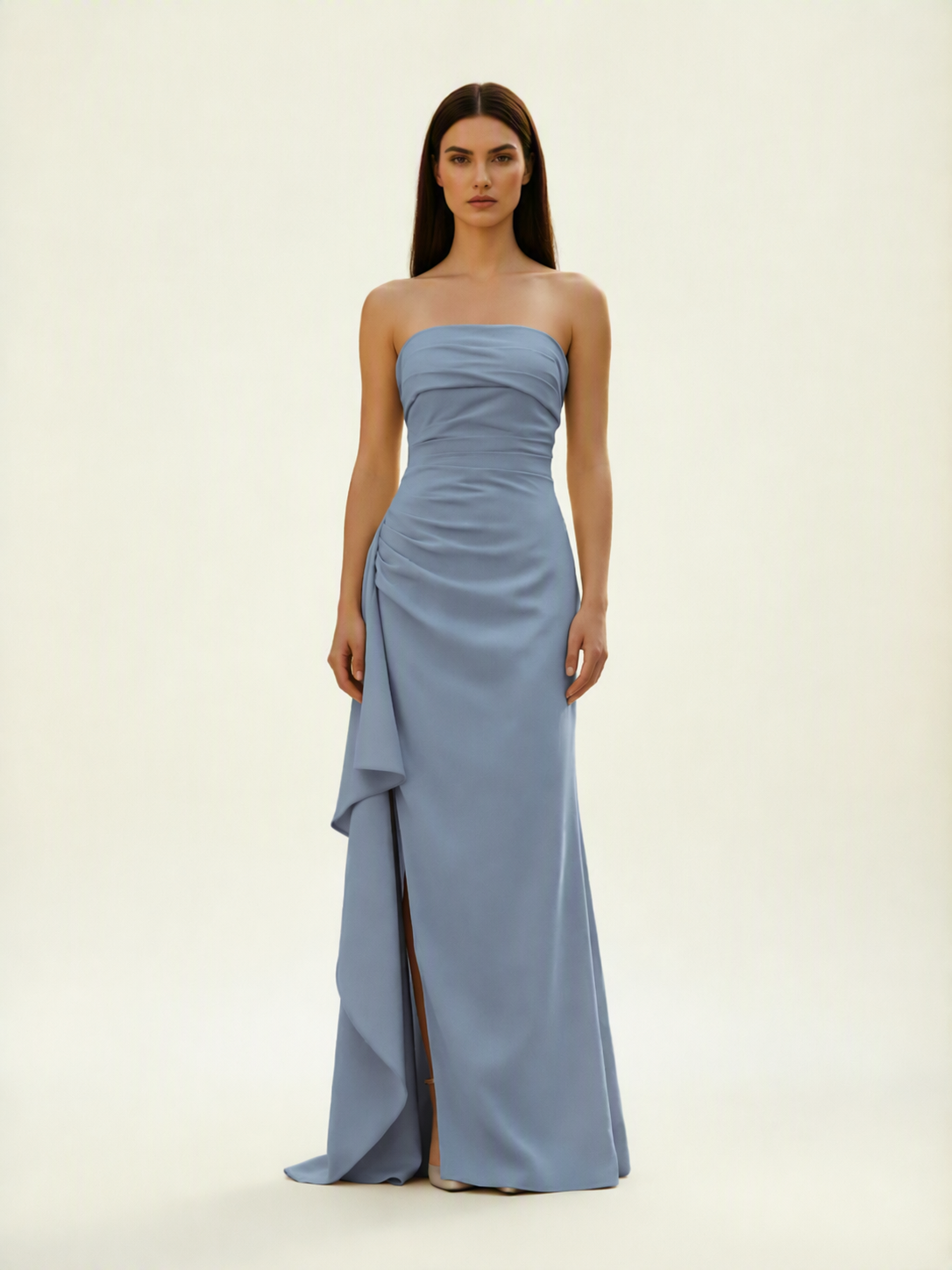 Strapless Mermaid Formal Gown with Side Slit & Draped Detail