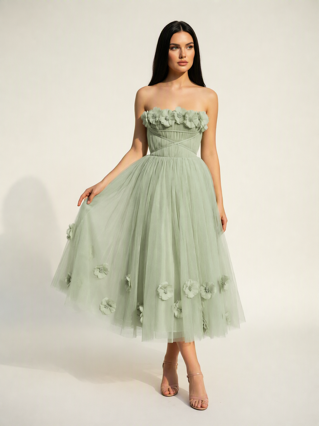 Strapless Tulle Midi Dress with 3D Floral Appliqués, Lace-Up Corset Back