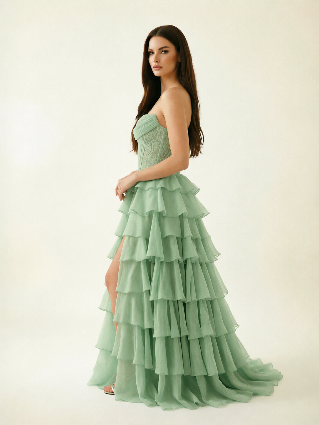 Strapless Lace Corset Tiered High Slit Prom Dress