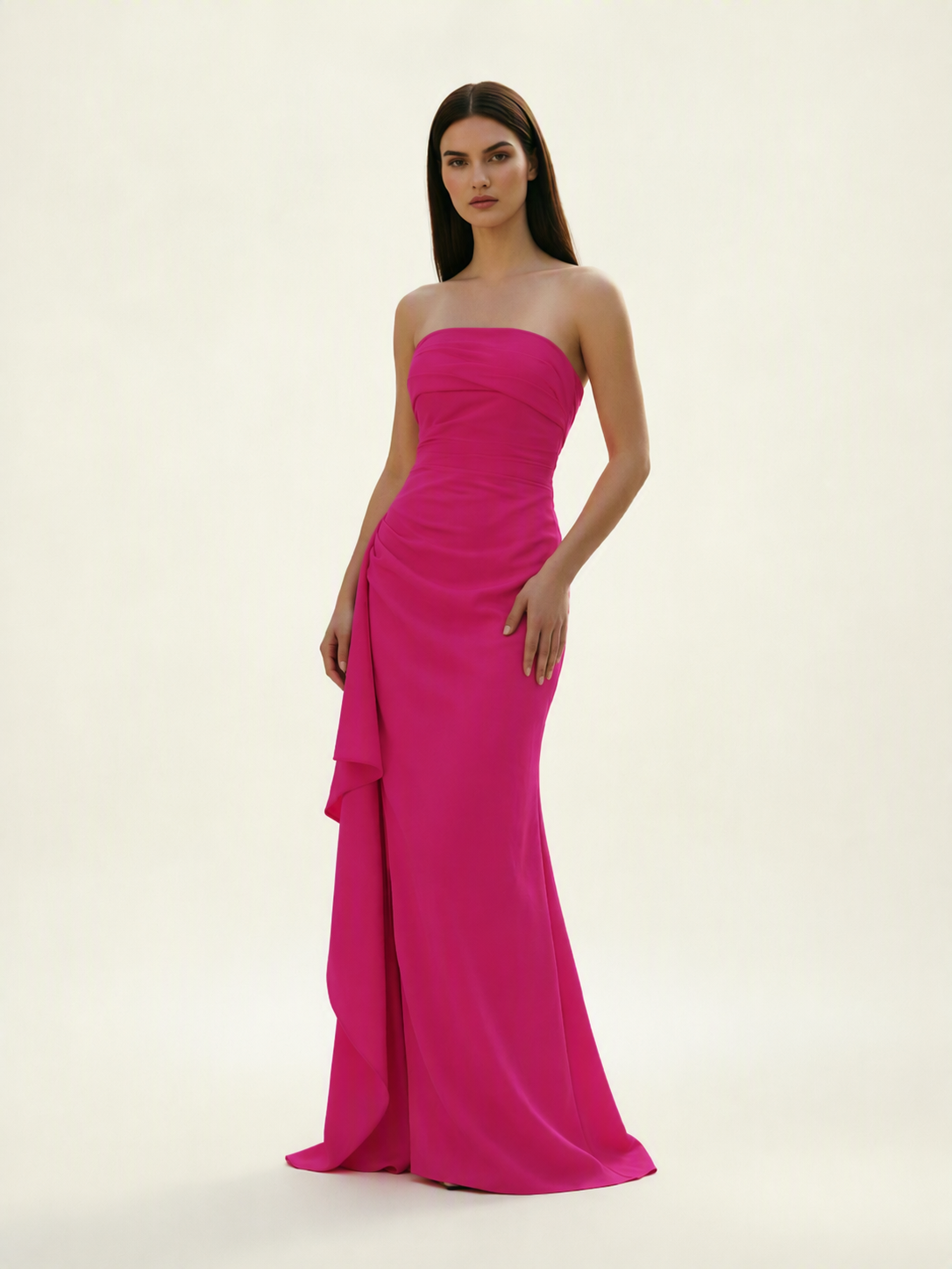 Strapless Mermaid Formal Gown with Side Slit & Draped Detail
