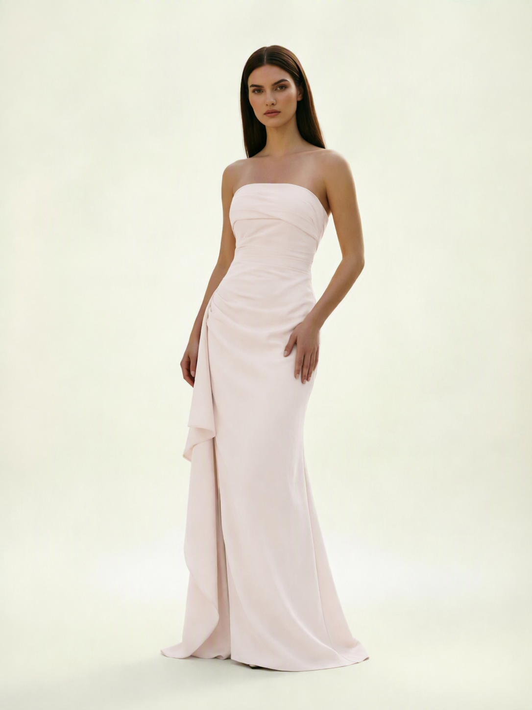 Strapless Mermaid Formal Gown with Side Slit & Draped Detail