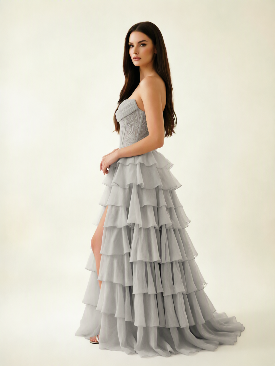 Strapless Lace Corset Tiered High Slit Prom Dress