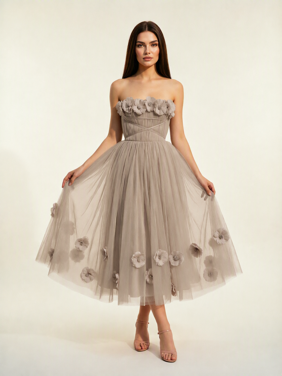 Strapless Tulle Midi Dress with 3D Floral Appliqués, Lace-Up Corset Back