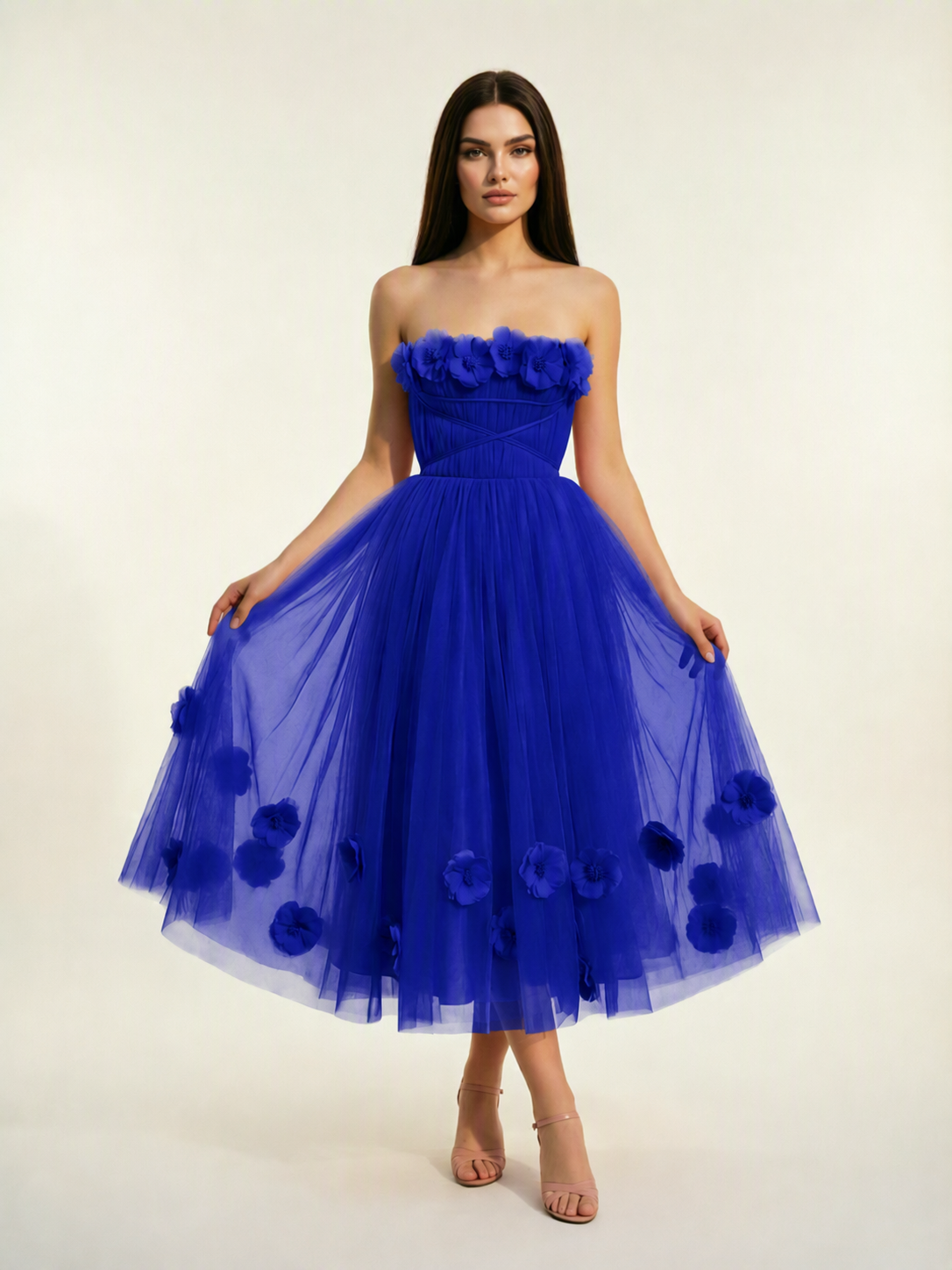Strapless Tulle Midi Dress with 3D Floral Appliqués, Lace-Up Corset Back