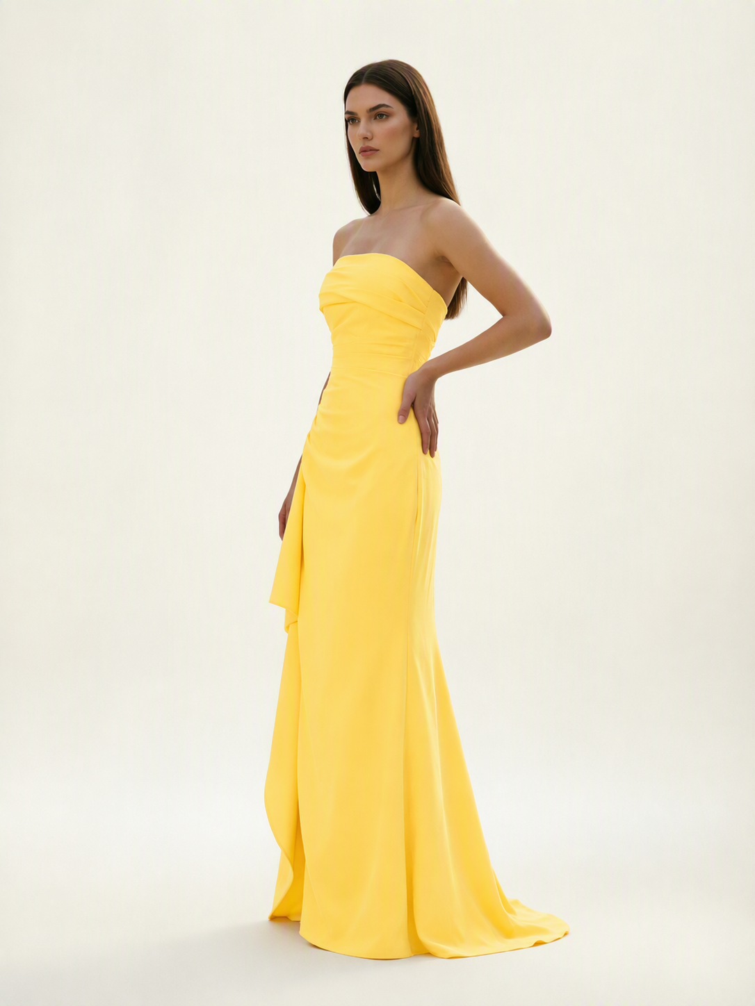 Strapless Mermaid Formal Gown with Side Slit & Draped Detail