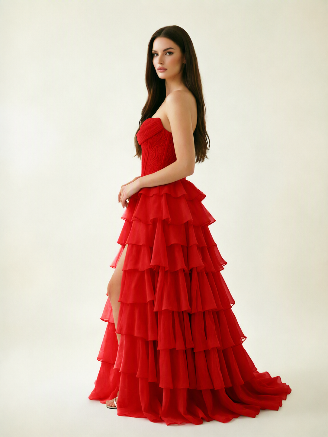 Strapless Lace Corset Tiered High Slit Prom Dress
