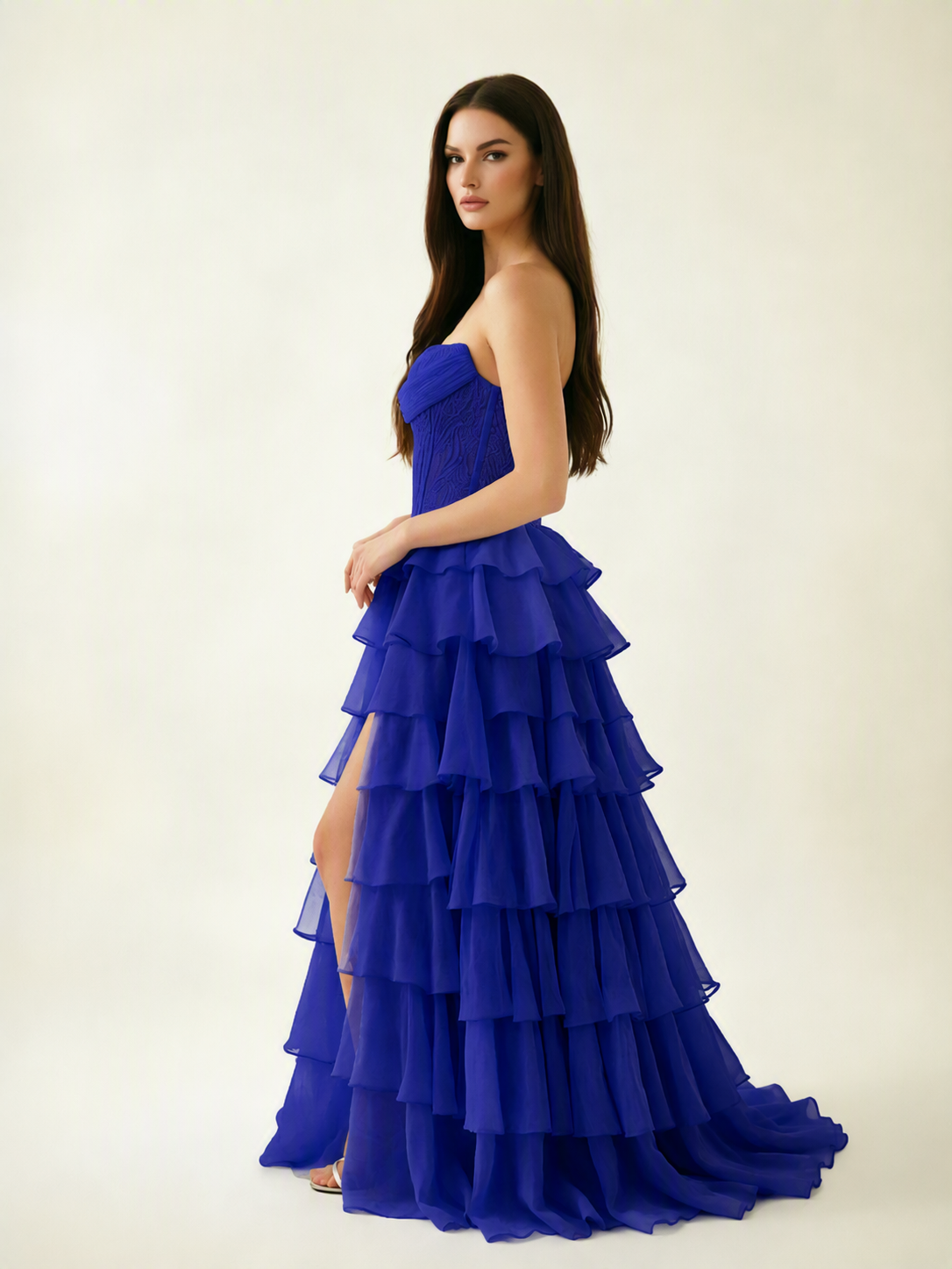 Strapless Lace Corset Tiered High Slit Prom Dress