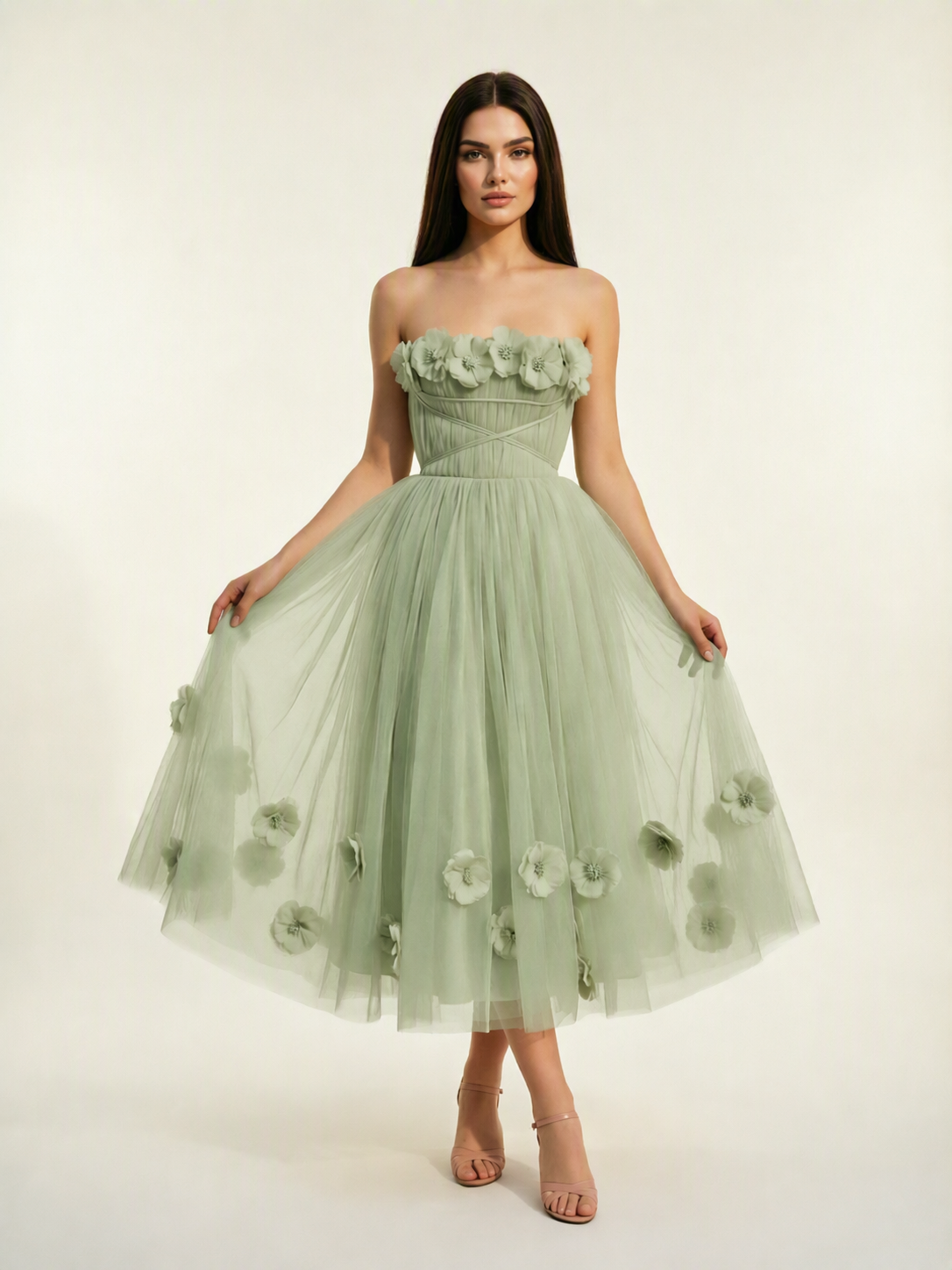 Strapless Tulle Midi Dress with 3D Floral Appliqués, Lace-Up Corset Back