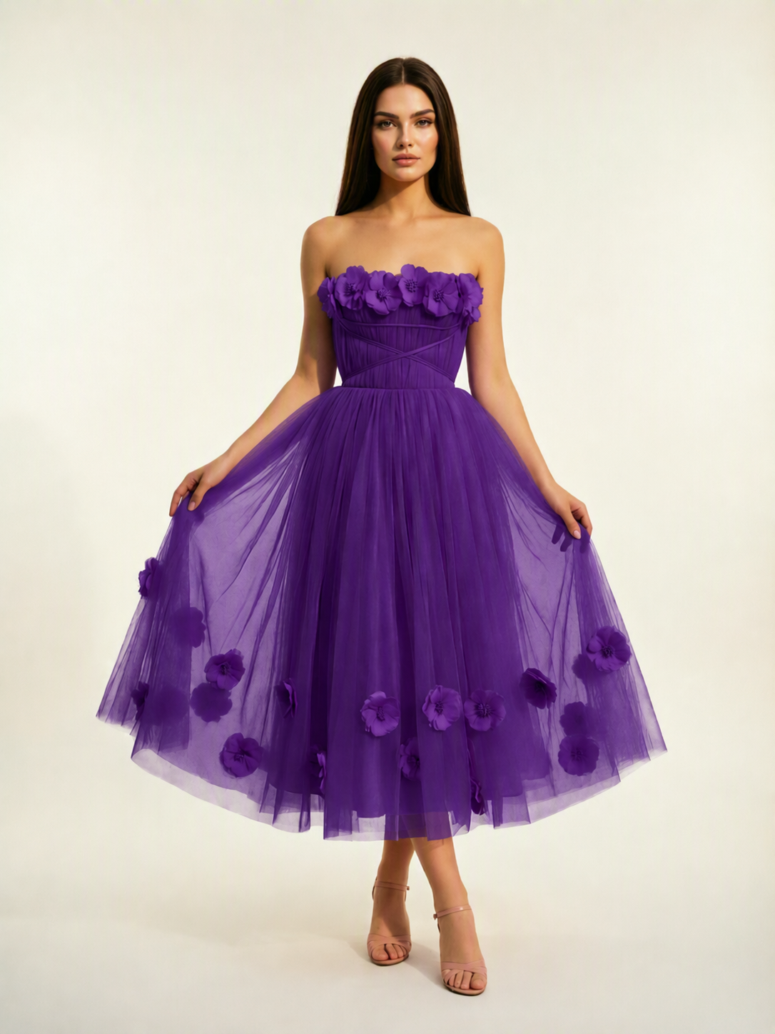 Strapless Tulle Midi Dress with 3D Floral Appliqués, Lace-Up Corset Back