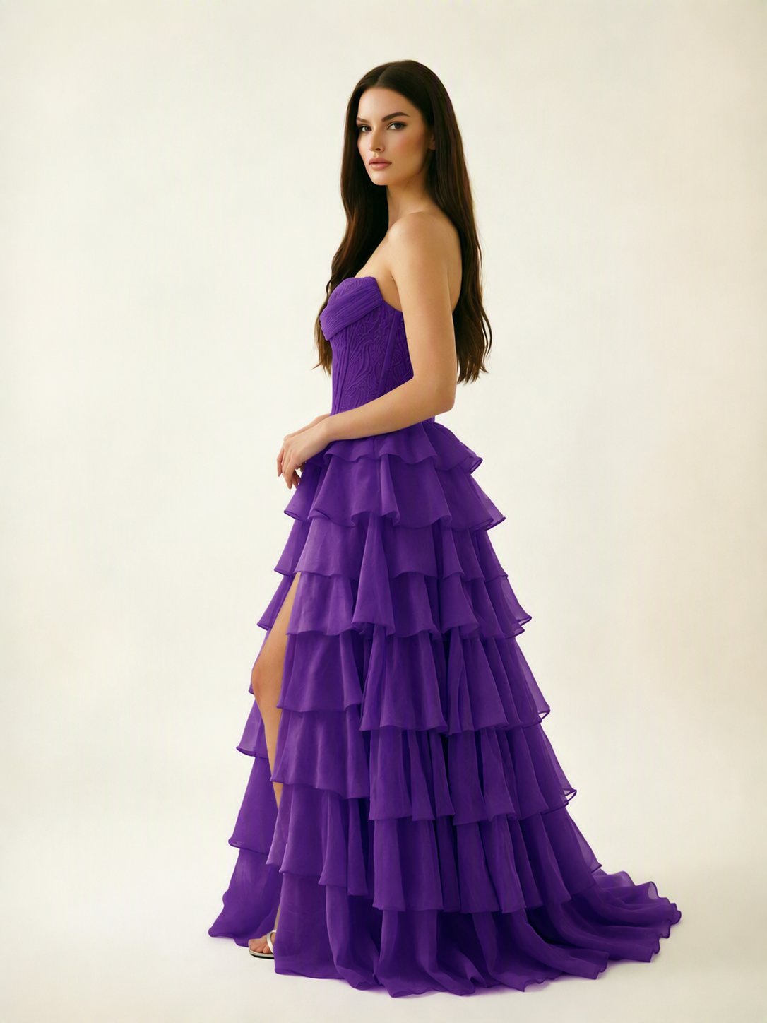 Strapless Lace Corset Tiered High Slit Prom Dress