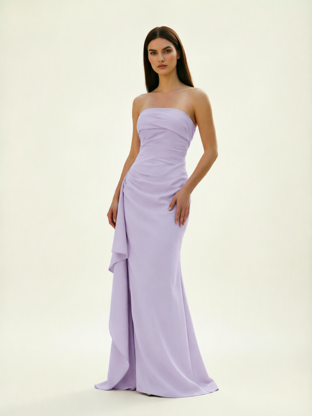 Strapless Mermaid Formal Gown with Side Slit & Draped Detail