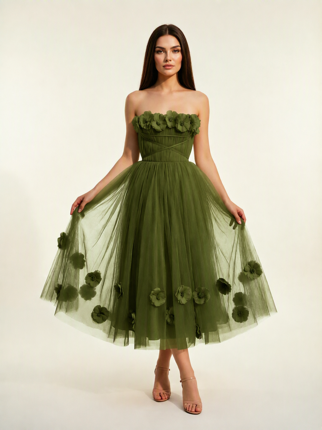 Strapless Tulle Midi Dress with 3D Floral Appliqués, Lace-Up Corset Back
