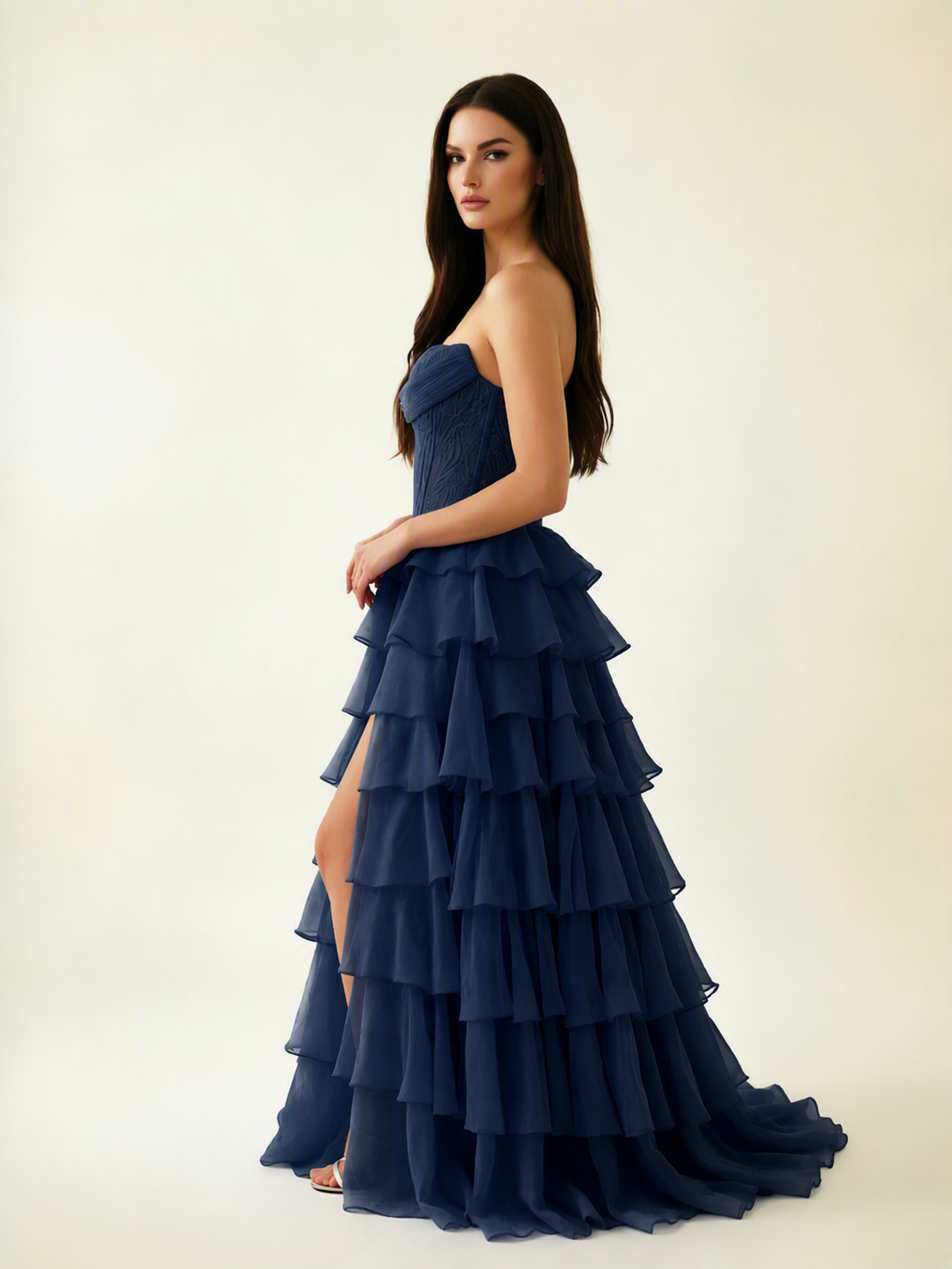 Strapless Lace Corset Tiered High Slit Prom Dress