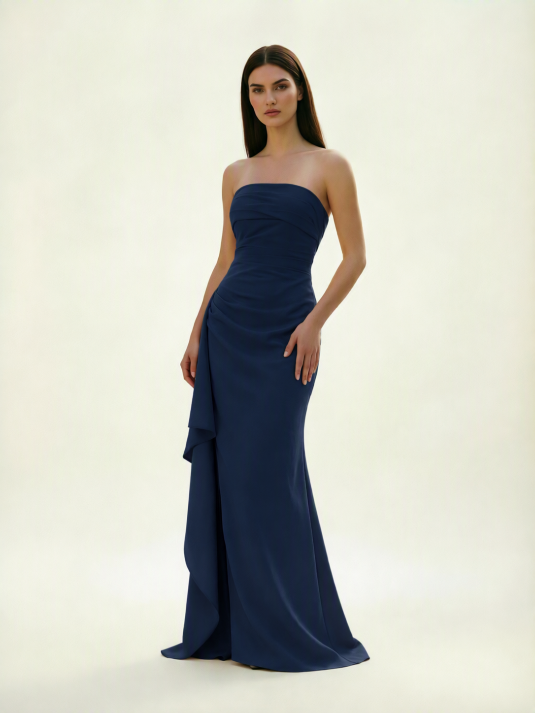 Strapless Mermaid Formal Gown with Side Slit & Draped Detail