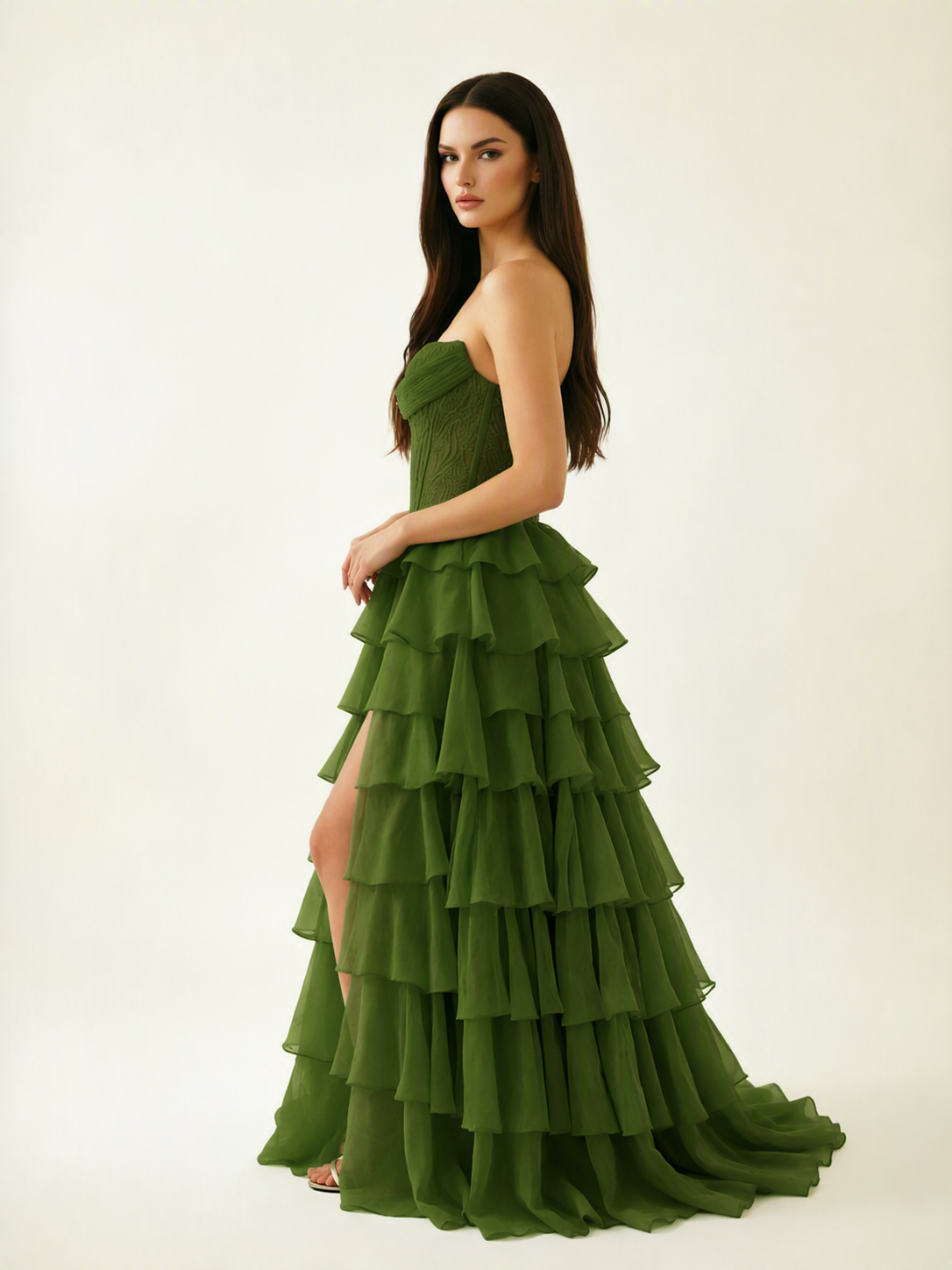 Strapless Lace Corset Tiered High Slit Prom Dress