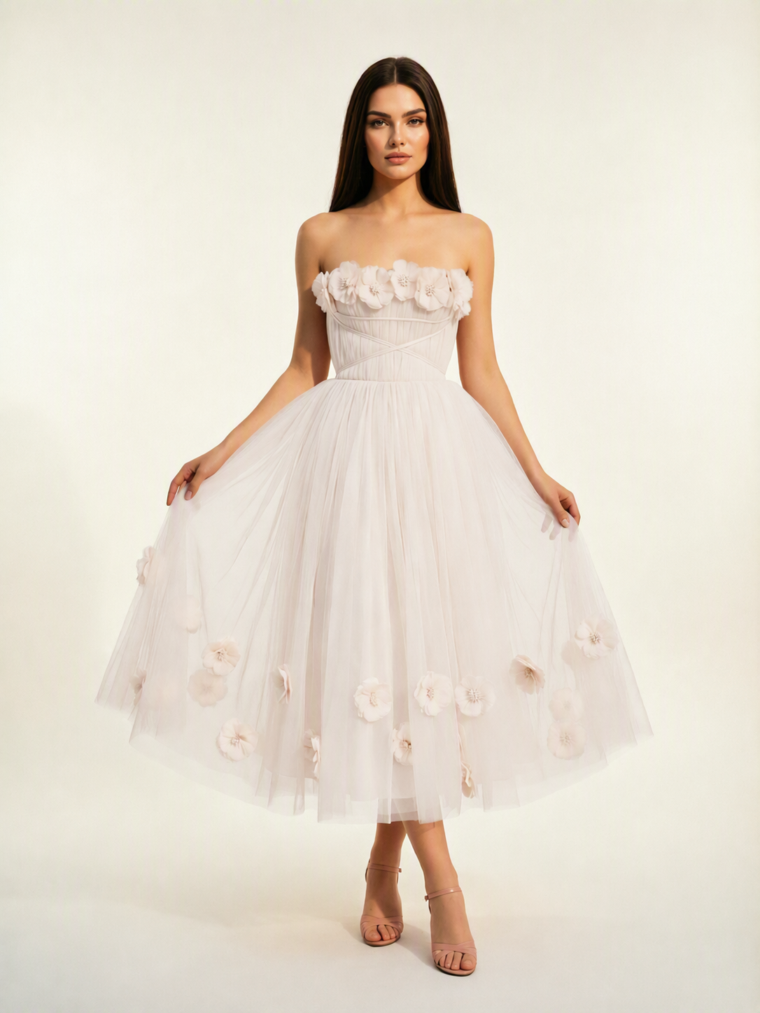 Strapless Tulle Midi Dress with 3D Floral Appliqués, Lace-Up Corset Back