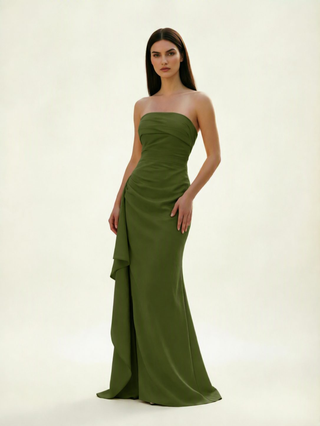 Strapless Mermaid Formal Gown with Side Slit & Draped Detail