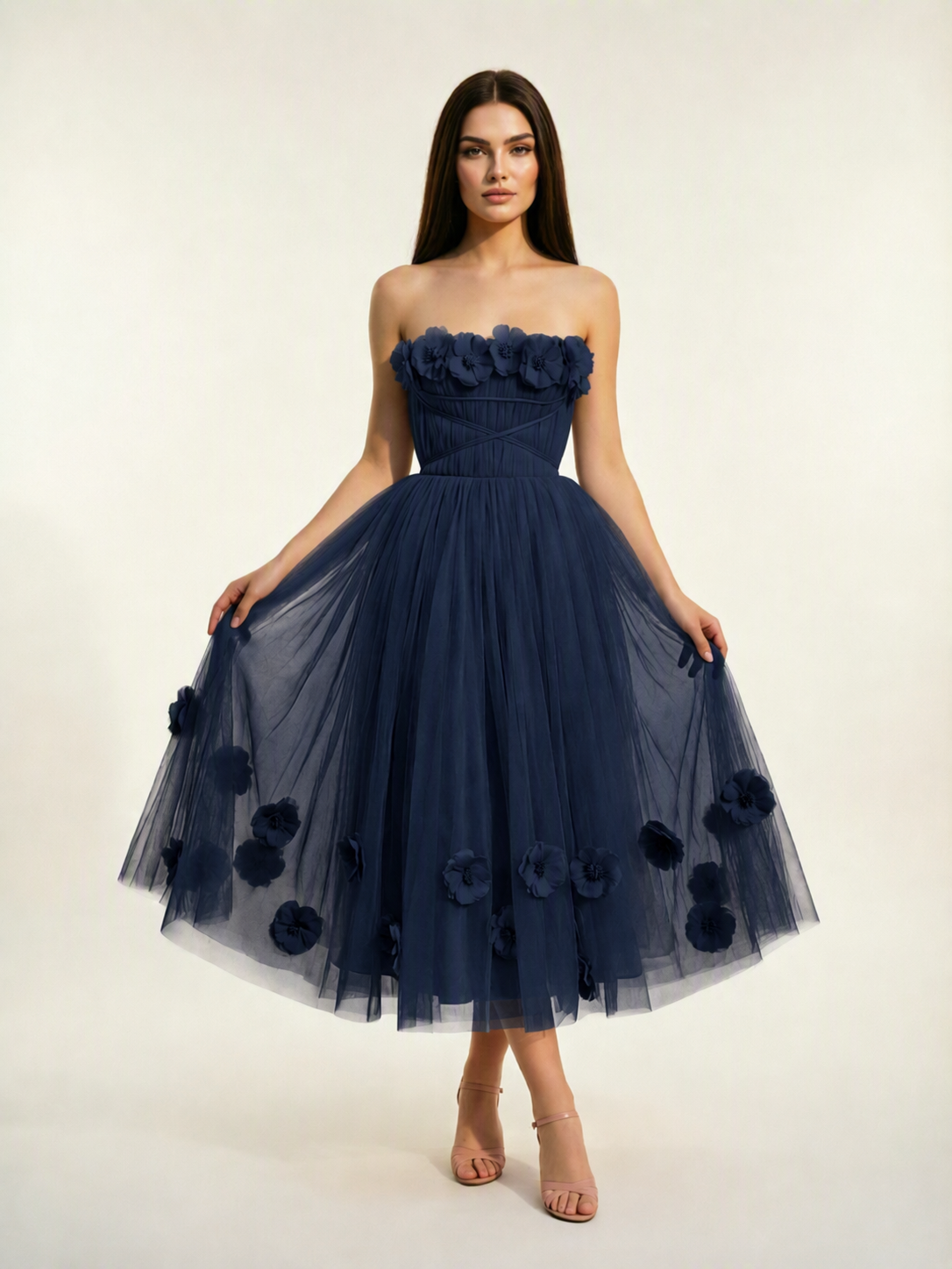 Strapless Tulle Midi Dress with 3D Floral Appliqués, Lace-Up Corset Back
