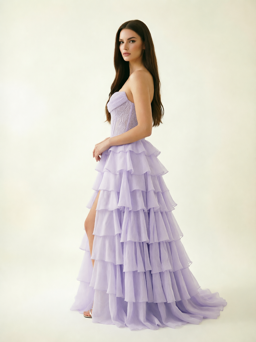 Strapless Lace Corset Tiered High Slit Prom Dress