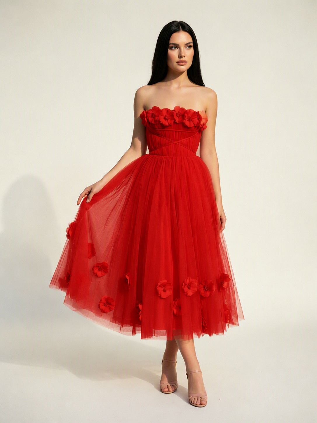 Strapless Tulle Midi Dress with 3D Floral Appliqués, Lace-Up Corset Back