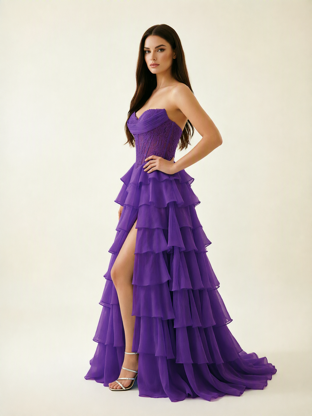Strapless Lace Corset Tiered High Slit Prom Dress