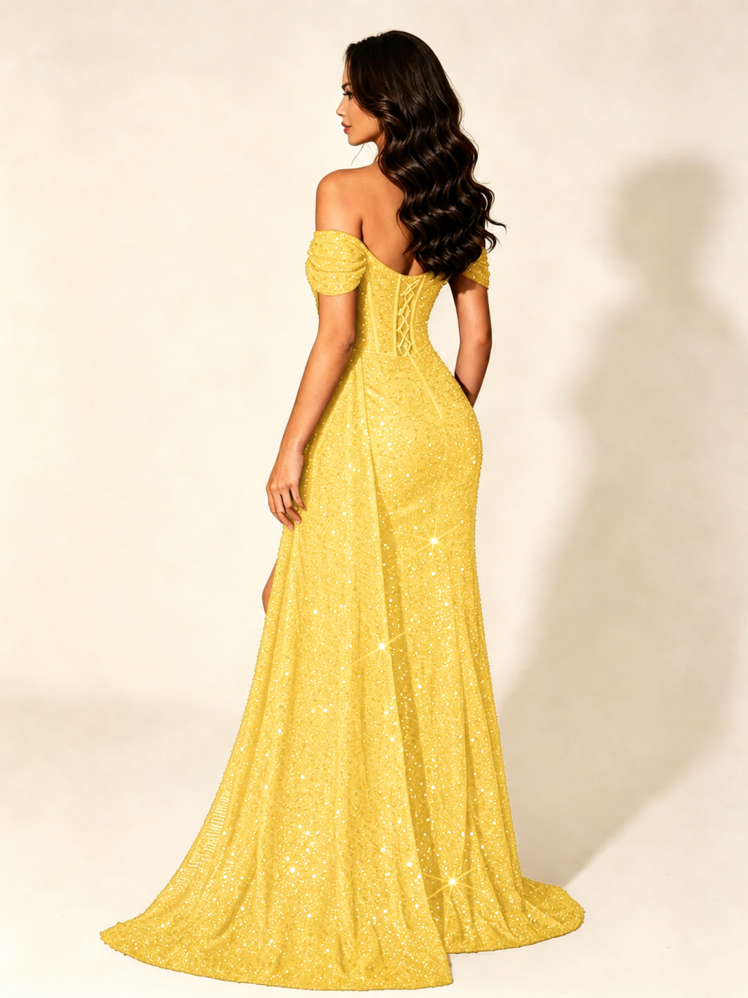 Off Shoulder Sequin High Slit Formal Dress with Train